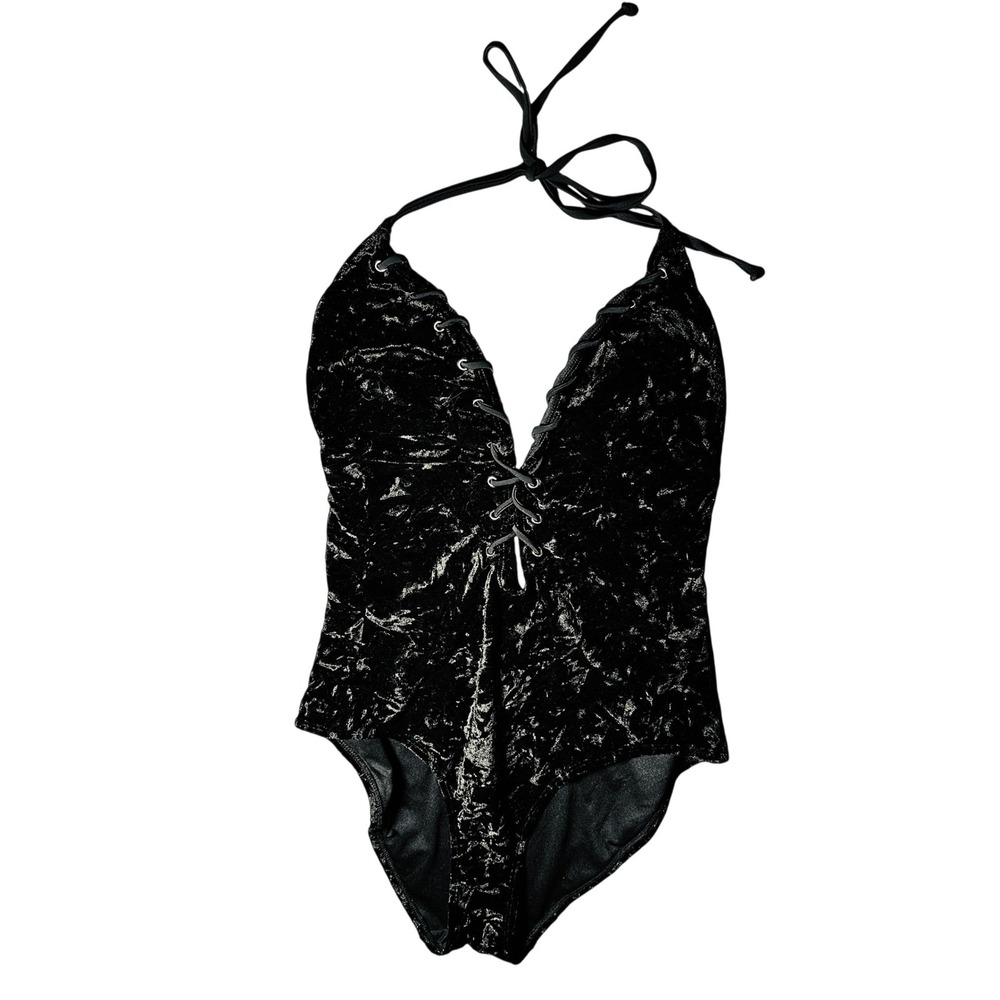 Cabana del Sol Black Crushed Velvet Lace Up One Piece Swimsuit XL NEW - Picture 2 of 7